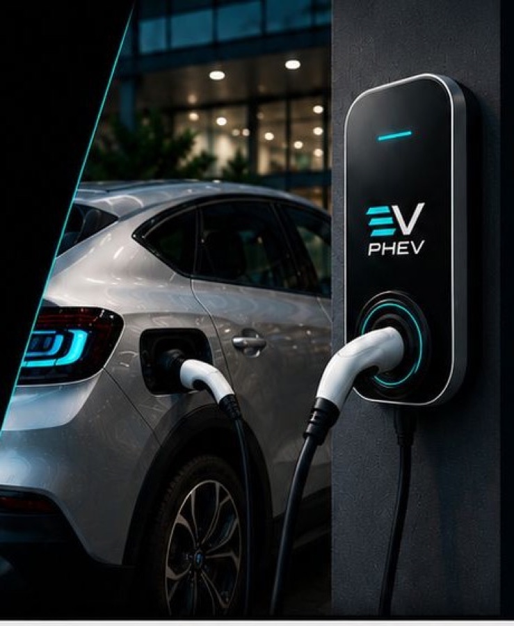 Cargador EV-PHEV instalado junto a un auto eléctrico