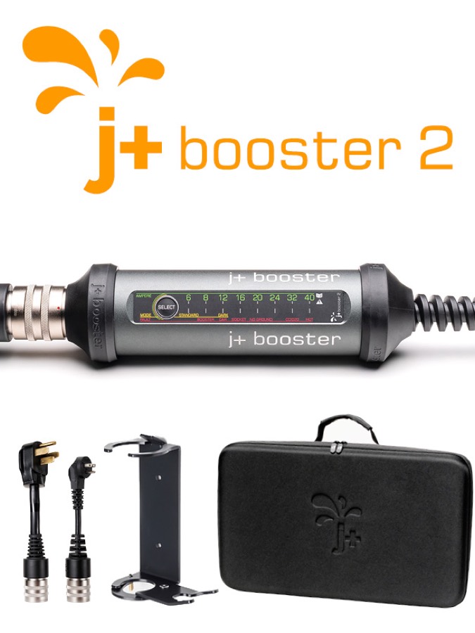 J+ Booster 2 con sus adaptadores NEMA, soporte de pared y maleta de transporte